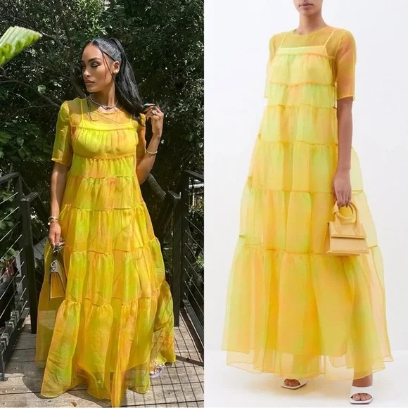 staud hyacinth tiered organza dress Staud Hyacinth Tiered Organza Maxi Dress, Rainbow Bloom Bla, Women's, XS, Casual & Work Dresses Maxi Dresses